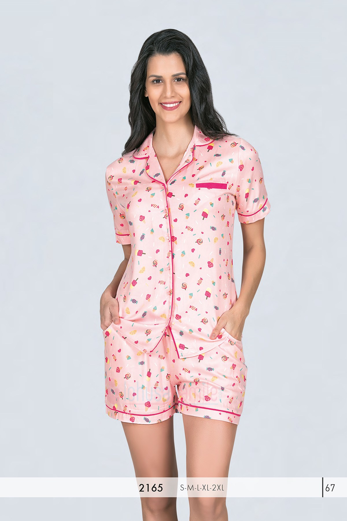 Rozalinda 2165 İce Cream Pattern Önden Düğmeli Lohusa Şortlu Takım