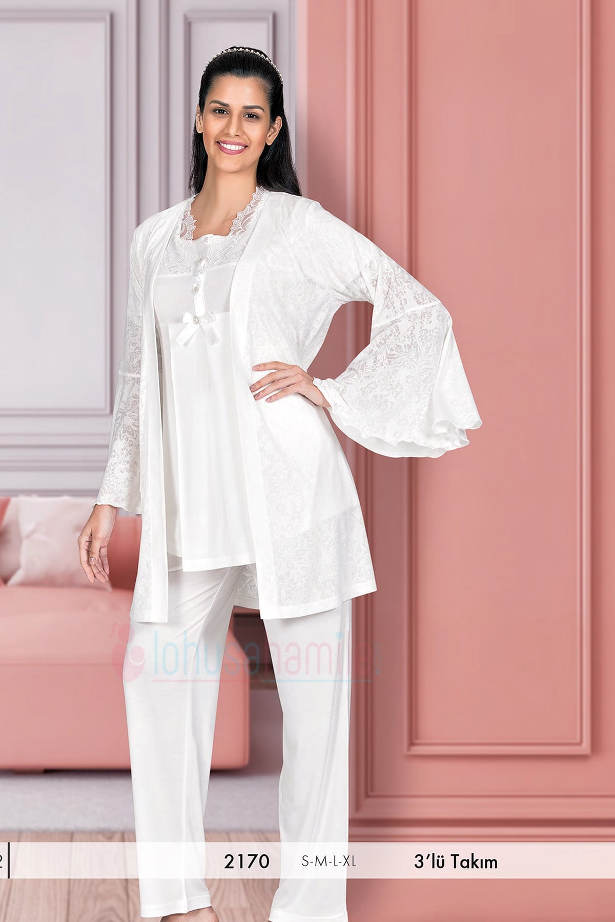 Rozalinda 2170 Ekru Kolları Volanlı Detaylı Sabahlıklı Lohusa Pijama Takımı