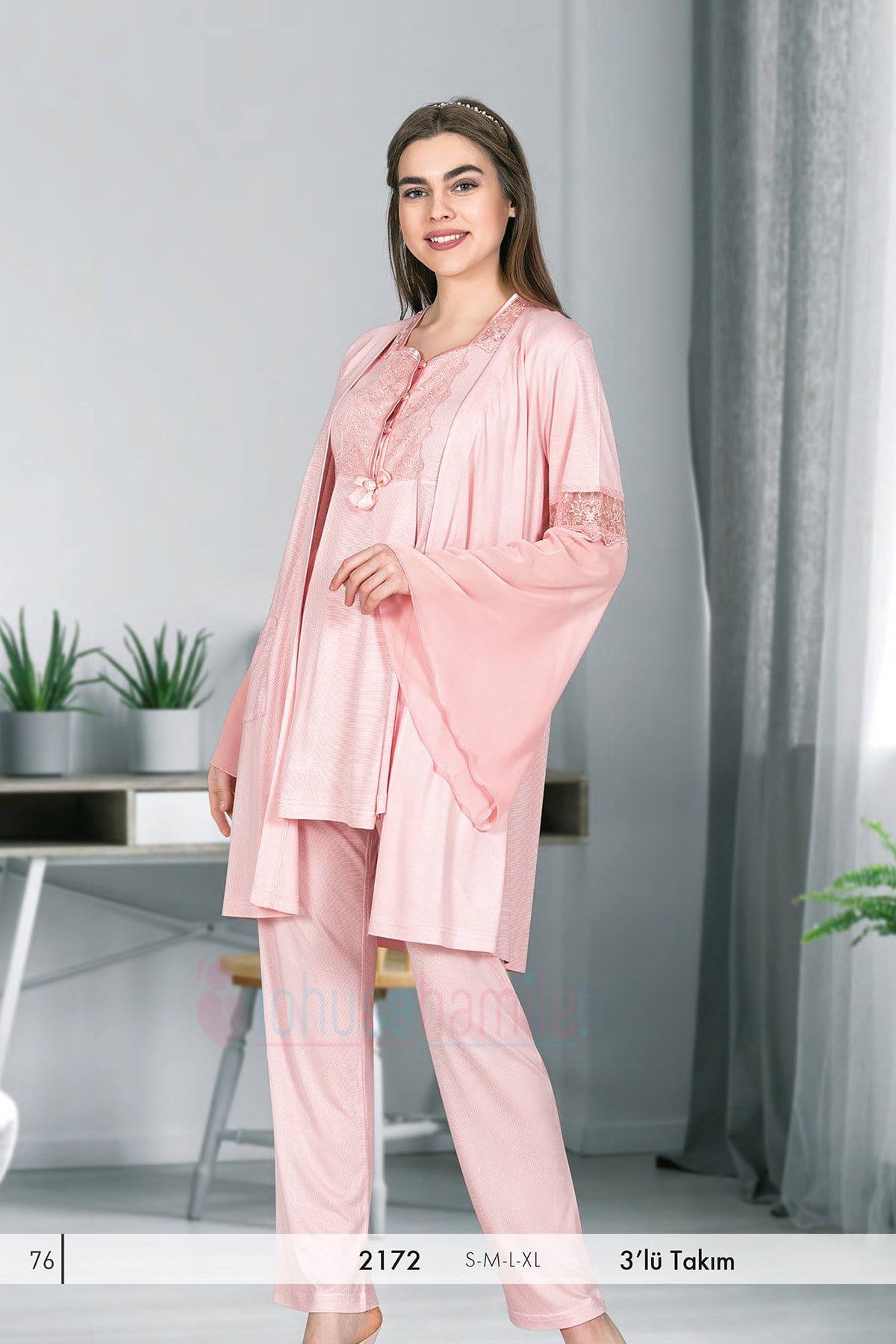Rozalinda 2172 Pudra Kolları Volan Sabahlıklı Lohusa Pijama Takımı
