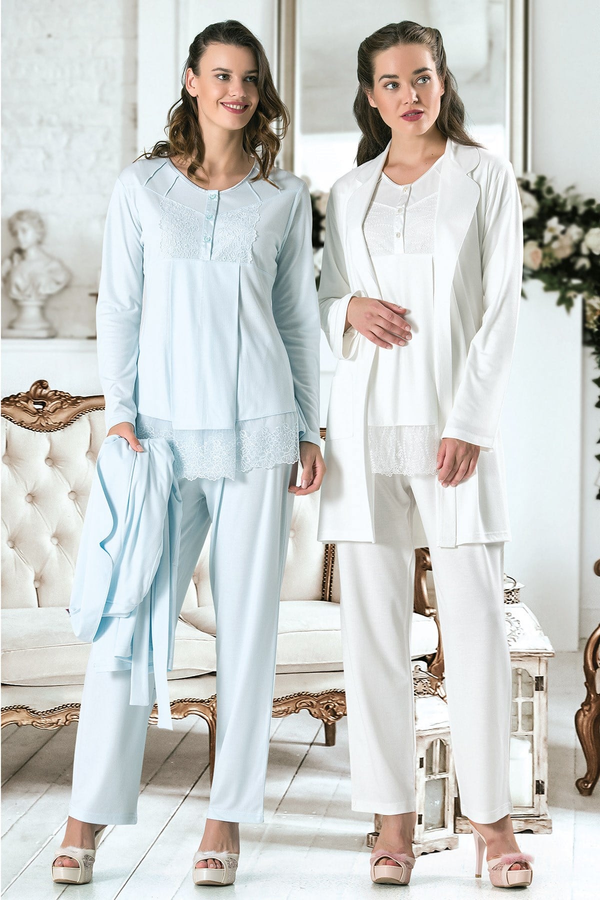 Rozalinda 2232 Dantel Detaylı Sabahlıklı Lohusa Pijama