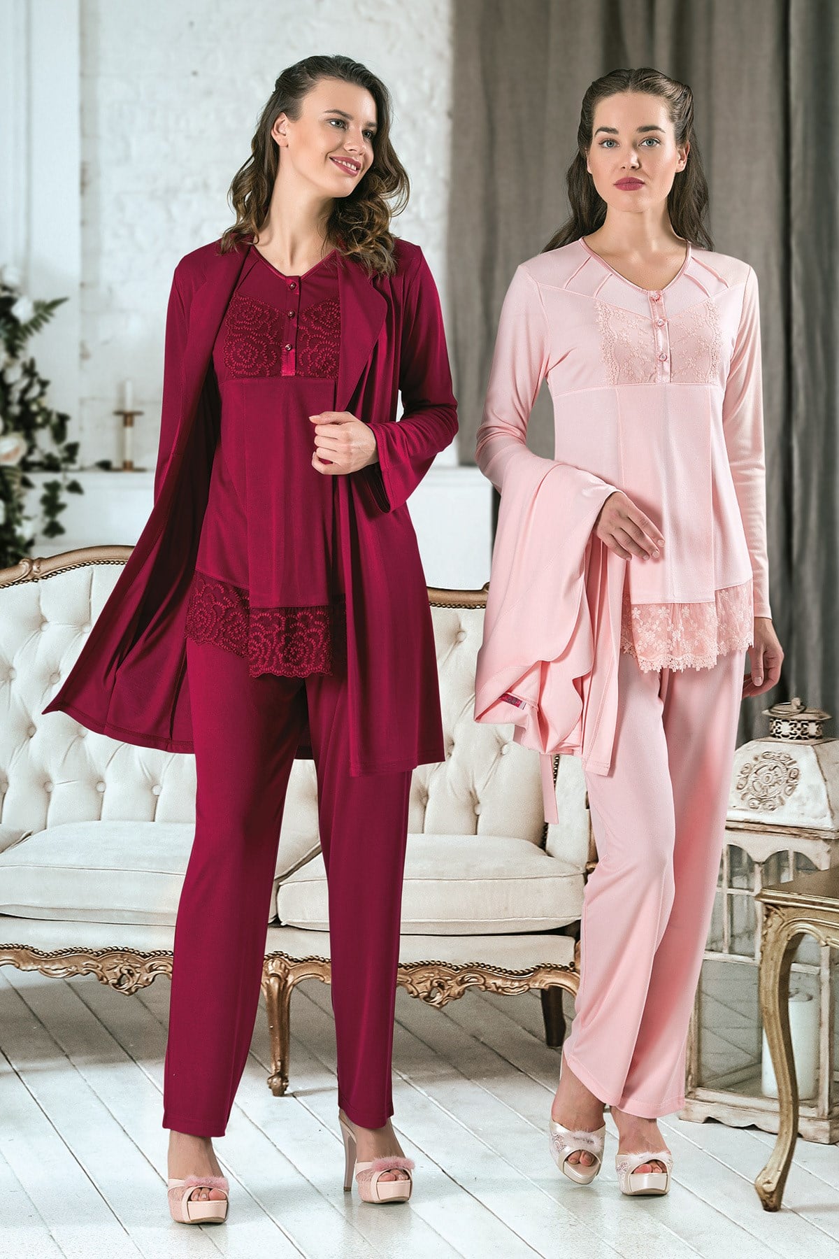 Rozalinda 2232 Sters Dantel Detaylı Sabahlıklı Lohusa Pijama