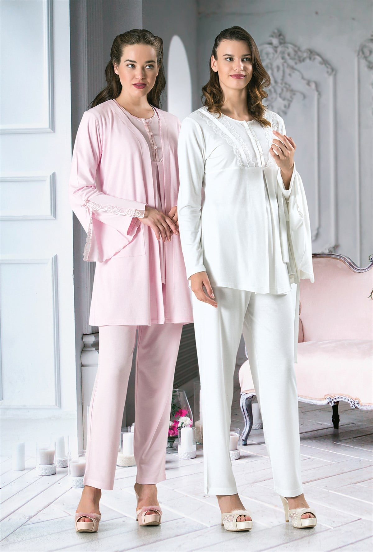 Rozalinda 2233 Kolları Volanlı Dantel Detaylı Sabahlıklı Lohusa Pijama