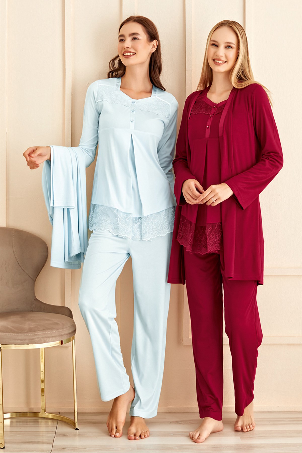 Rozalinda 2631 Dantel Detaylı Sabahlıklı Lohusa Pijama Takımı
