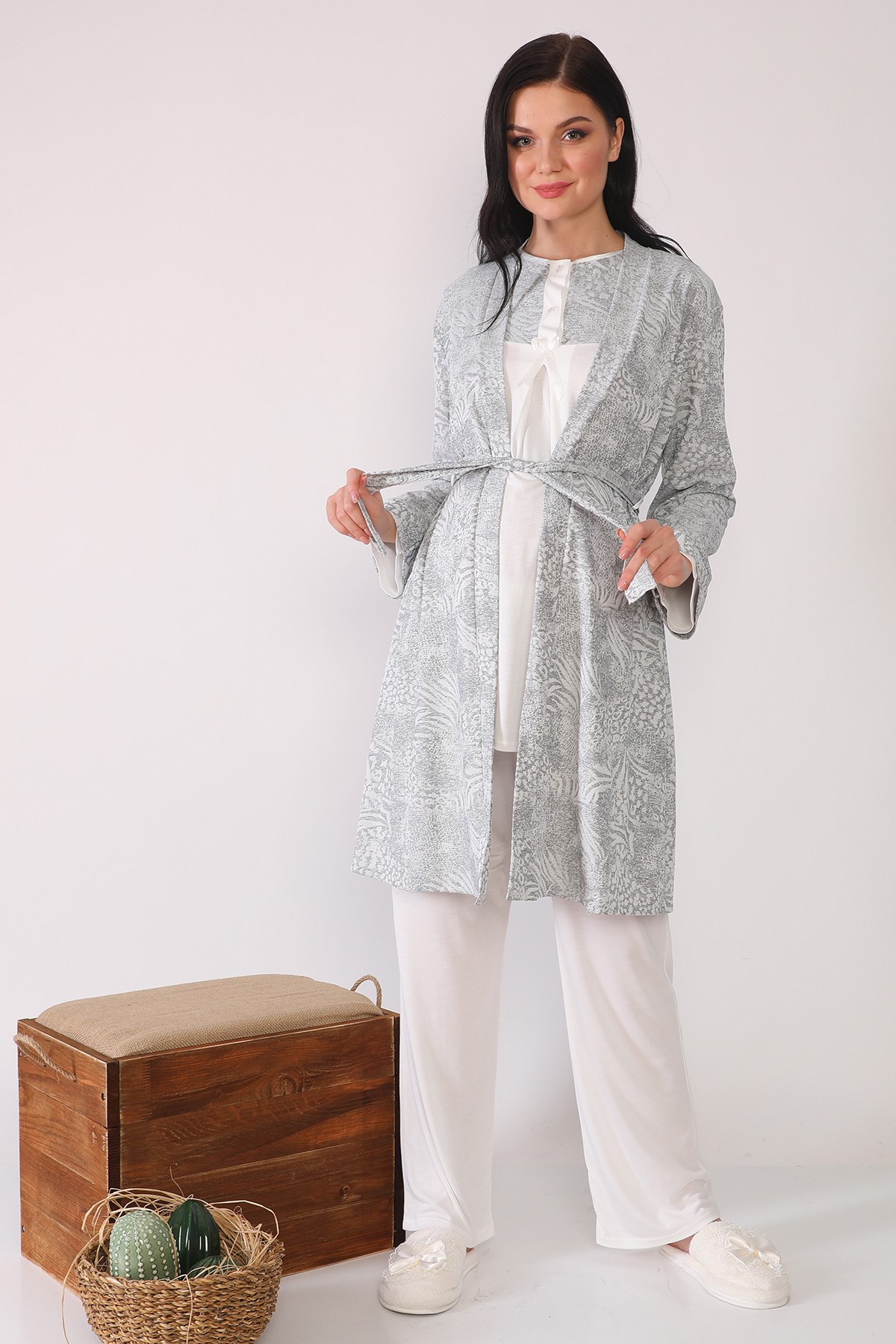 Senyora Gri Sabahlıklı Lohusa Pijama Takımı