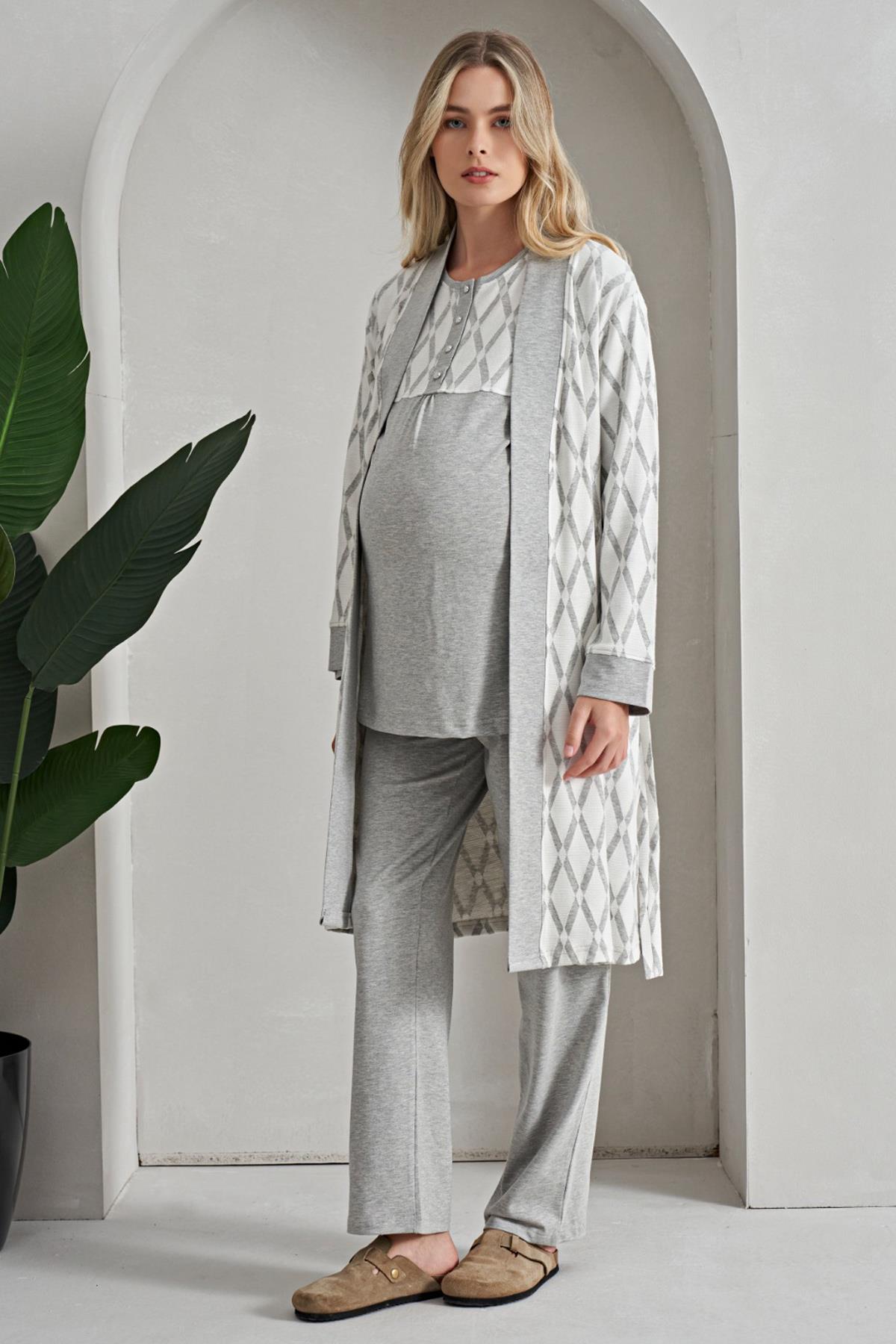 Style Desen Gri Sabahlıklı Lohusa Pijama Takımı 8163