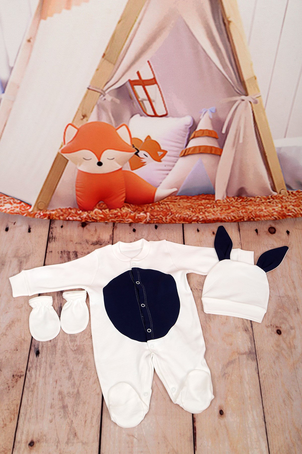 Tavşanlı Ekru-Lacivert 3'lü Tulum Seti