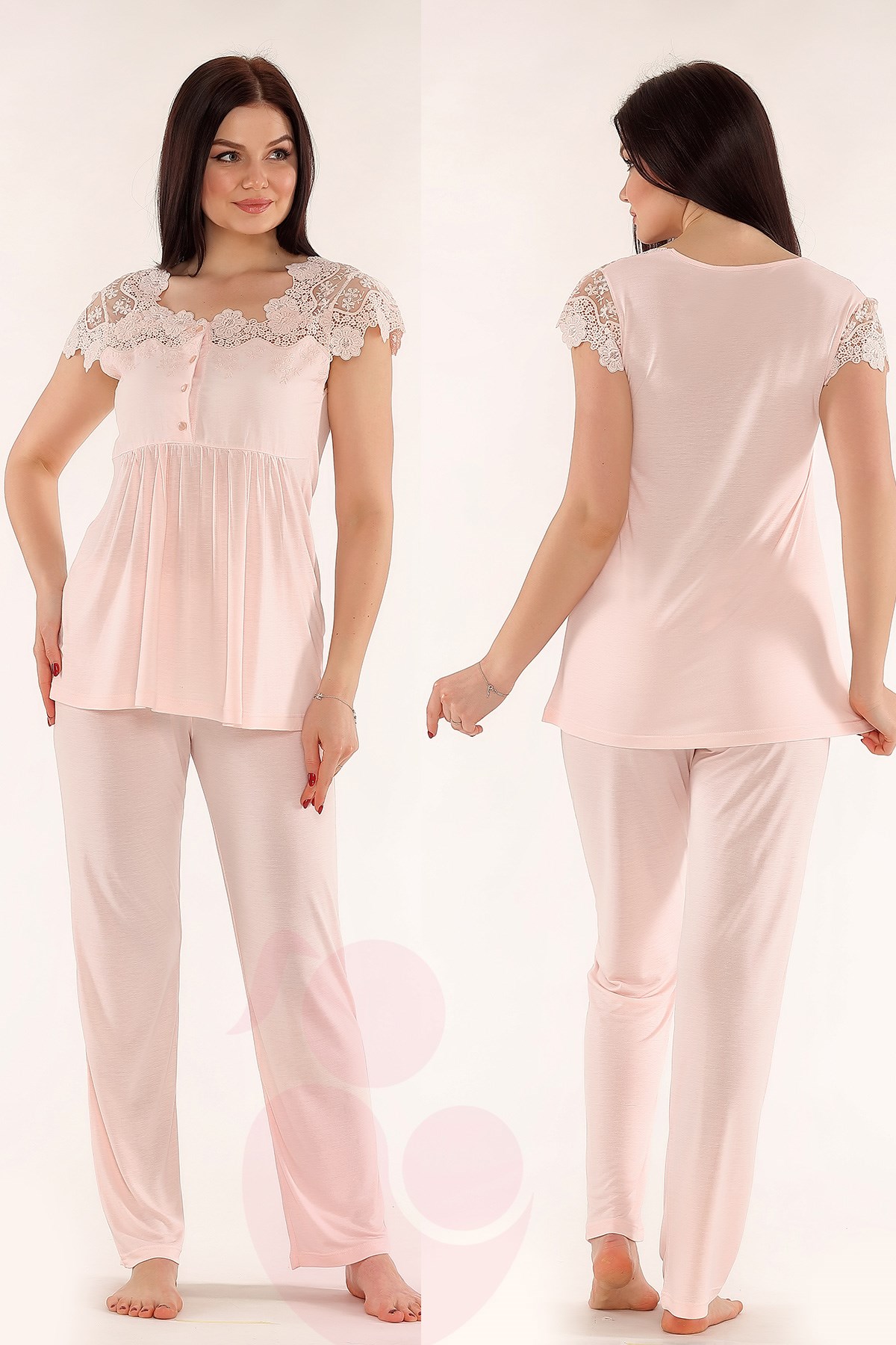 Tuba 239 Pudra Güpür Dantelli Lohusa Pijama