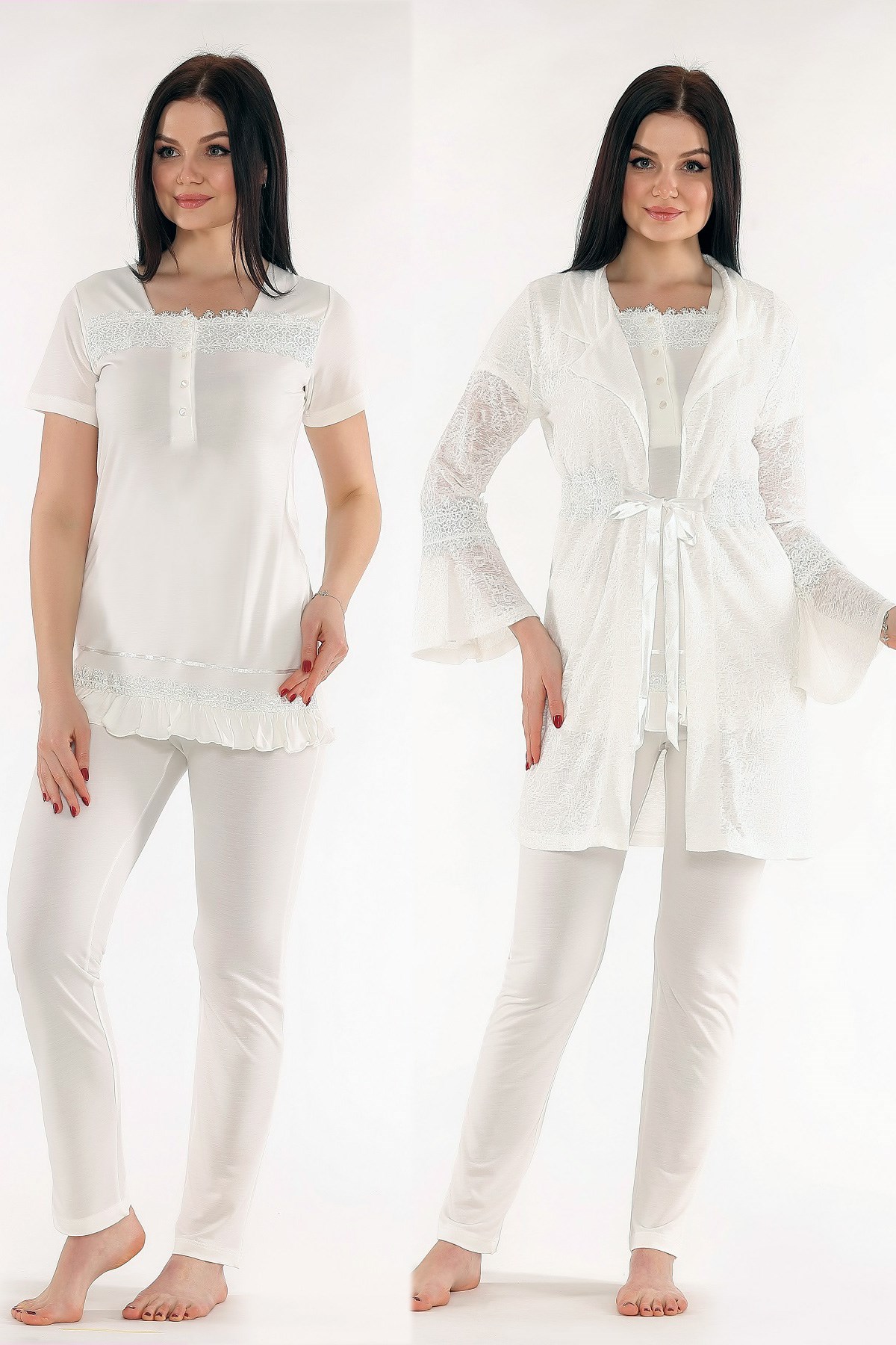 Tuba 525 Kolları Volan Sabahlıklı Lohusa Pijama Takımı