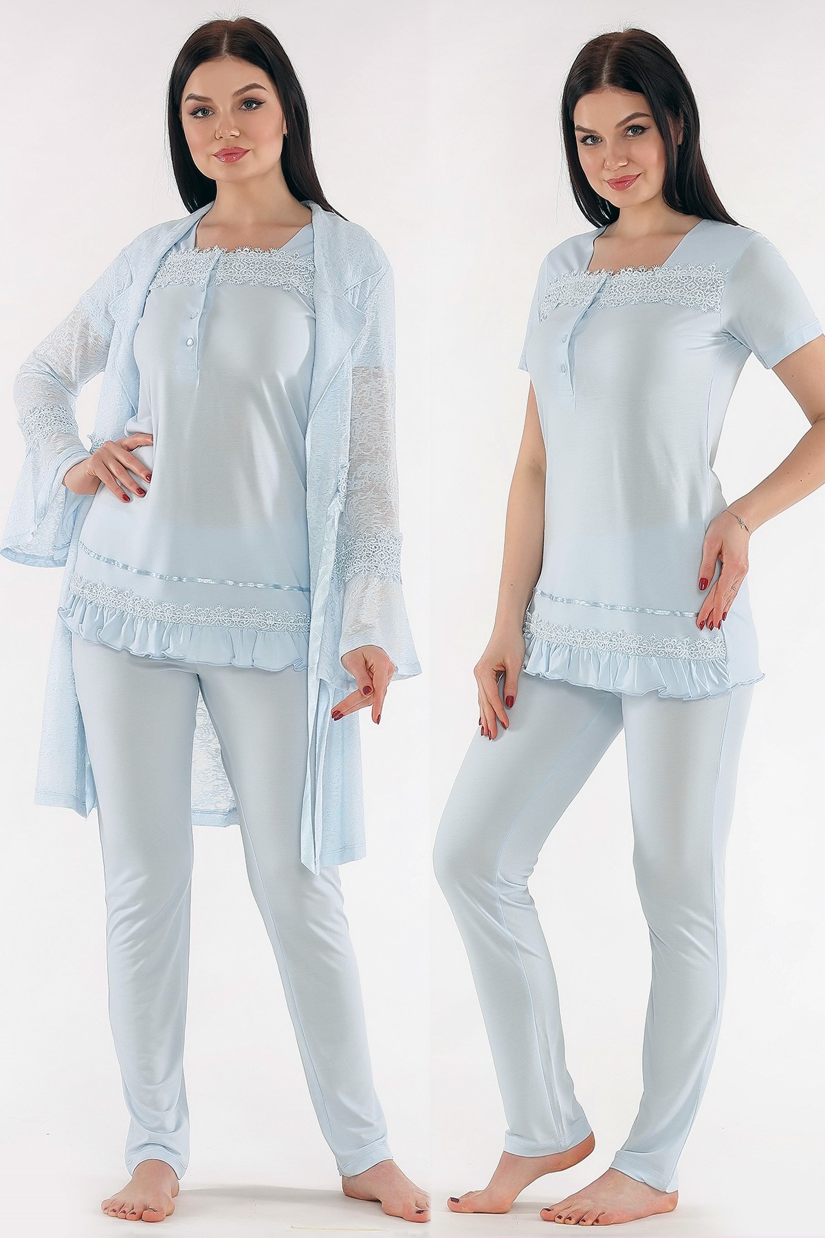 Tuba 525 Mavi Desenli Sabahlıklı Lohusa Pijama