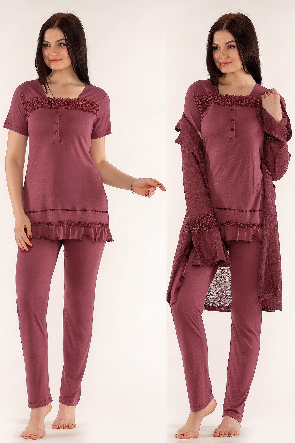 Tuba 525 Mürdüm Desenli Sabahlıklı Lohusa Pijama