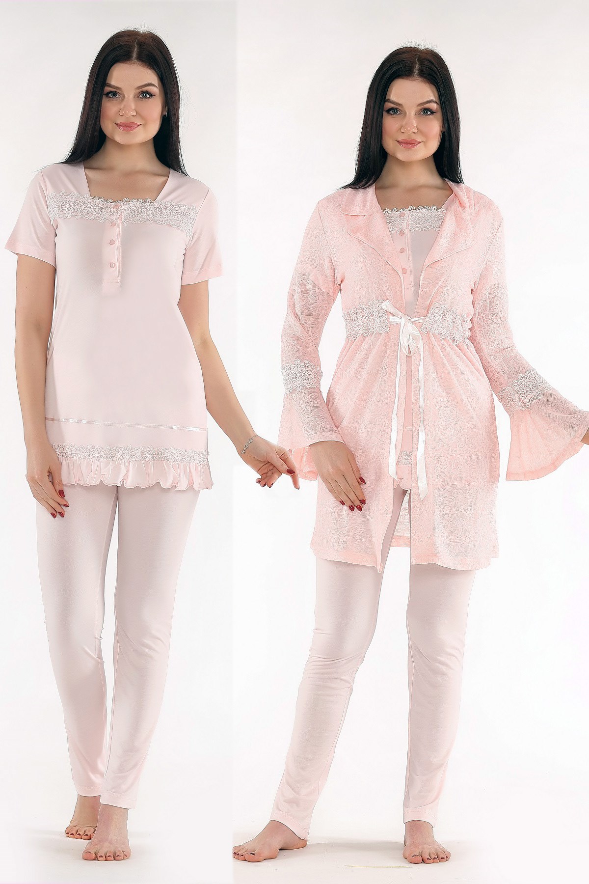 Tuba 525 Pudra Desenli Sabahlıklı Lohusa Pijama