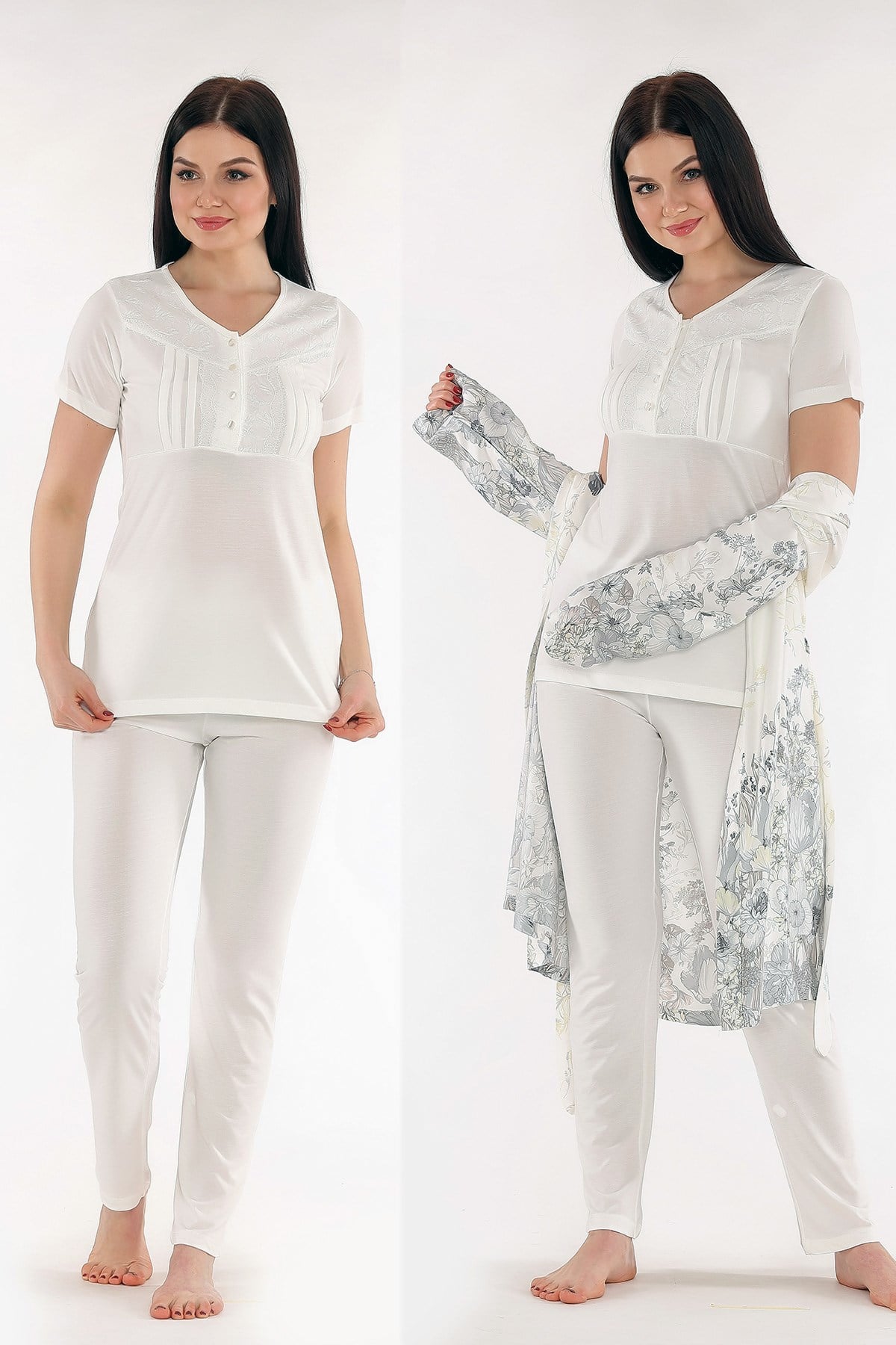 Tuba 527 Gri Desenli Sabahlıklı Lohusa Pijama