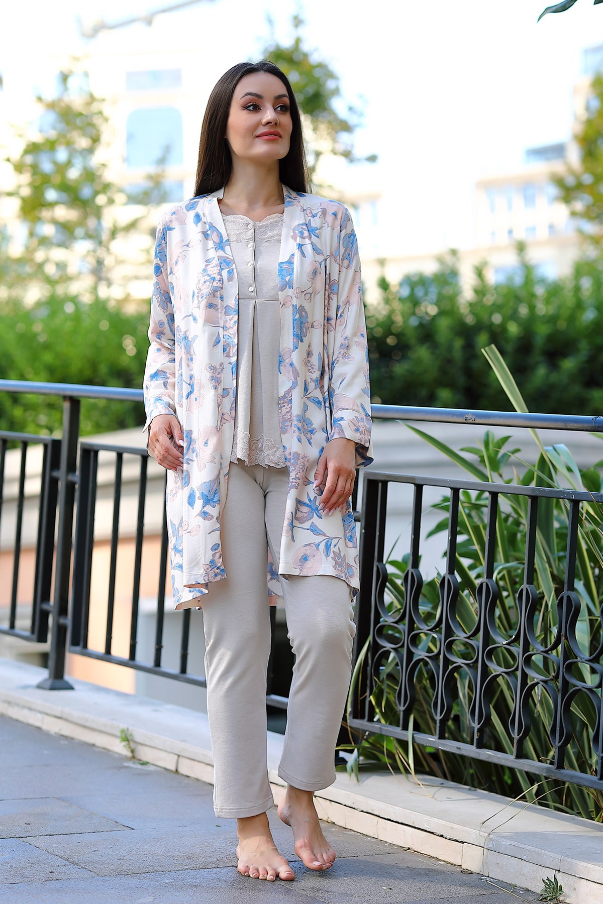 Tuba 559 Beige Sabahlıklı Lohusa Pijama