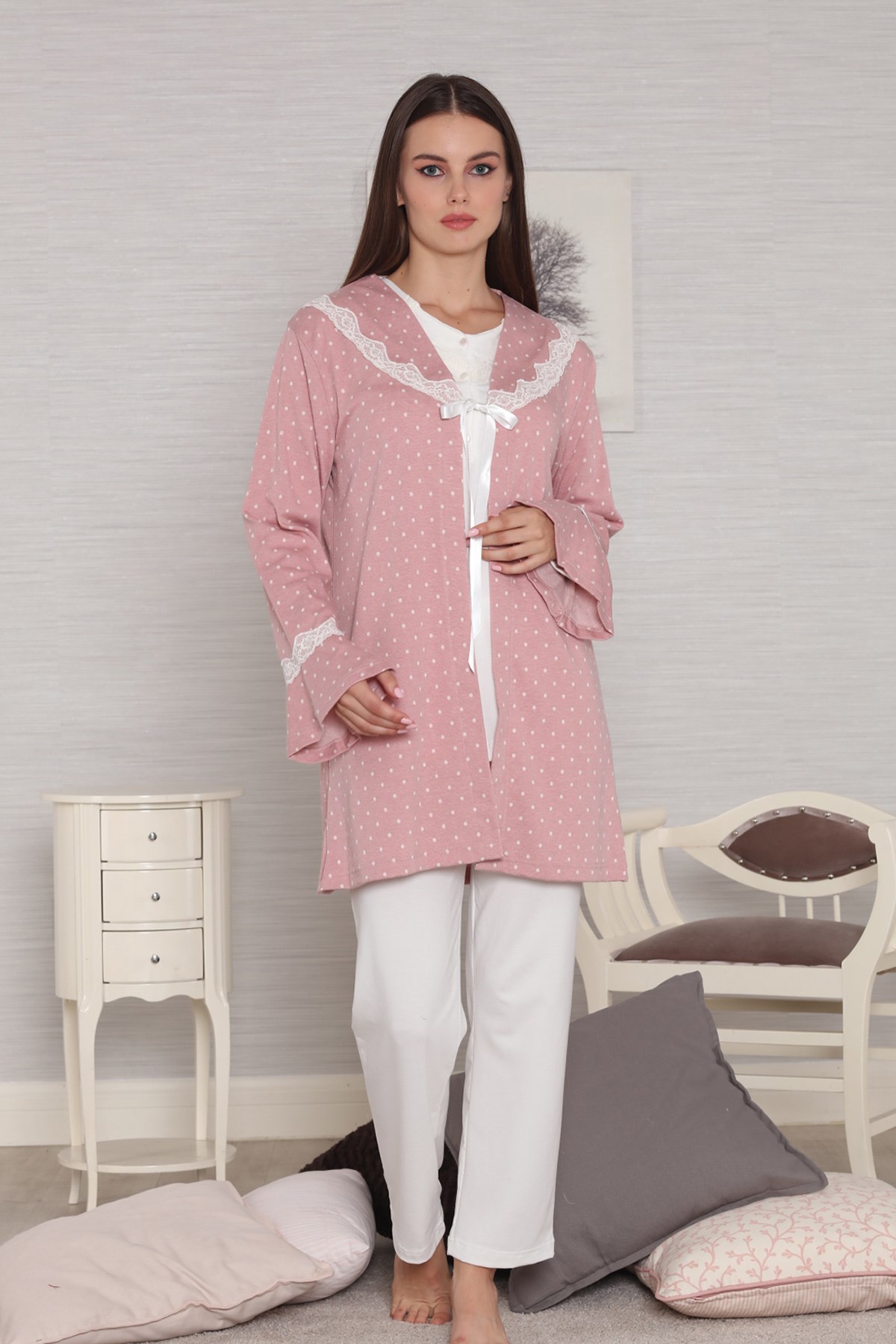 Tuba 560 Puan Dantel Sabahlıklı Lohusa Pijama Takımı
