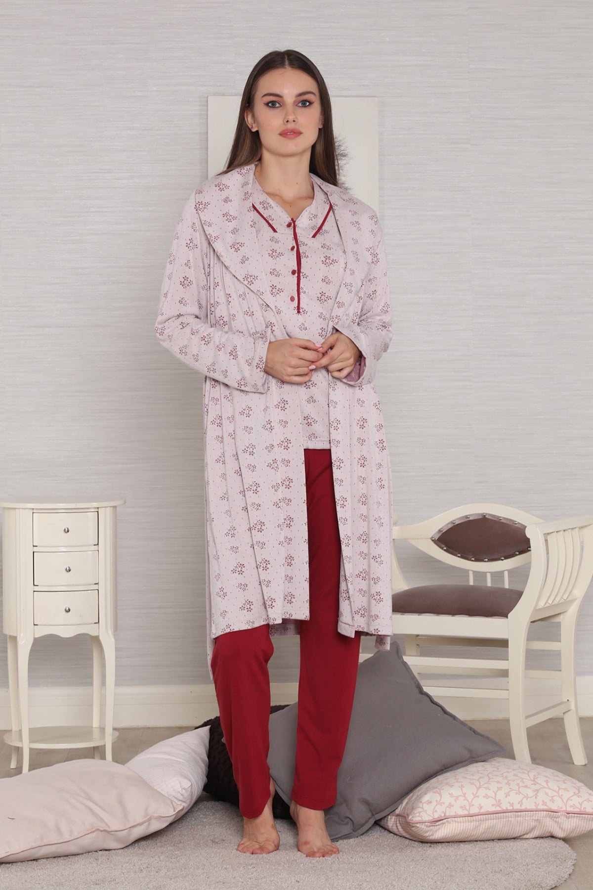 Tuba 564 Bordo Sabahlıklı Lohusa Pijama