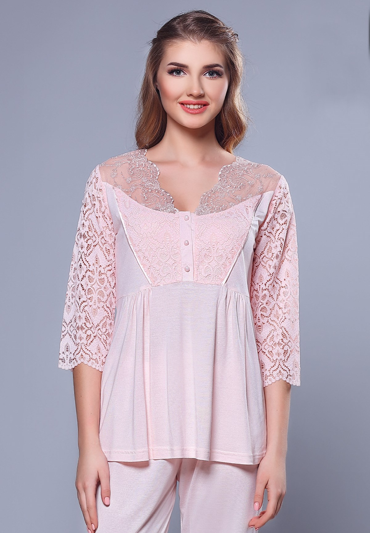 Tuba 9227 Omuzları Dantel Detaylı Lohusa Pijama Takımı