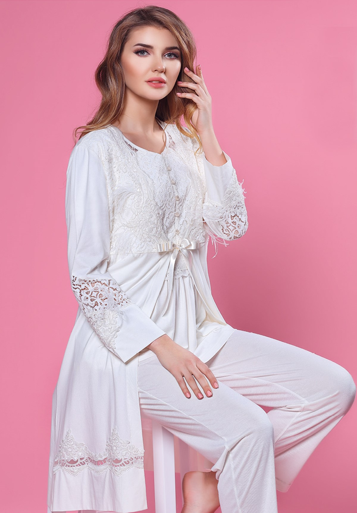 Tuba 9515 Dantel İşlemeli Sabahlıklı Lohusa Pijama Takımı