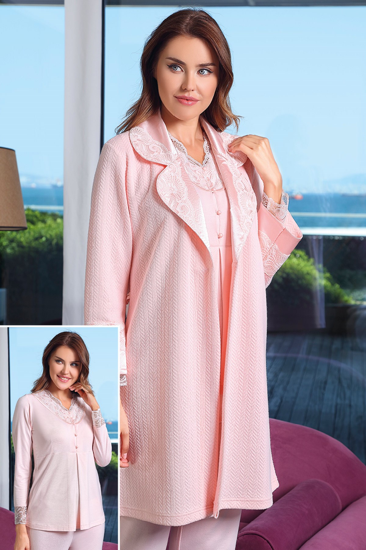Tuba 9575 Dantel Detaylı Sabahlıklı Lohusa Pijama Takımı