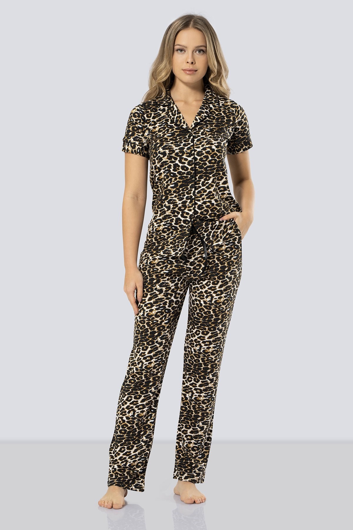 Türen 3286 Leopar Desenli Kısakol Önden Düğmeli Lohusa Pijama