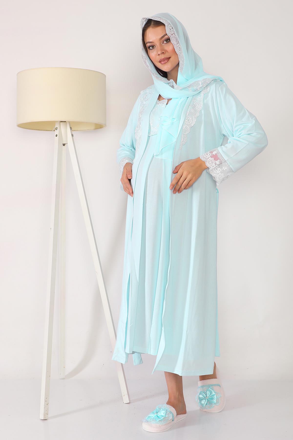Turkuaz Tesettürlü Sabahlıklı Lohusa Gecelik Takımı