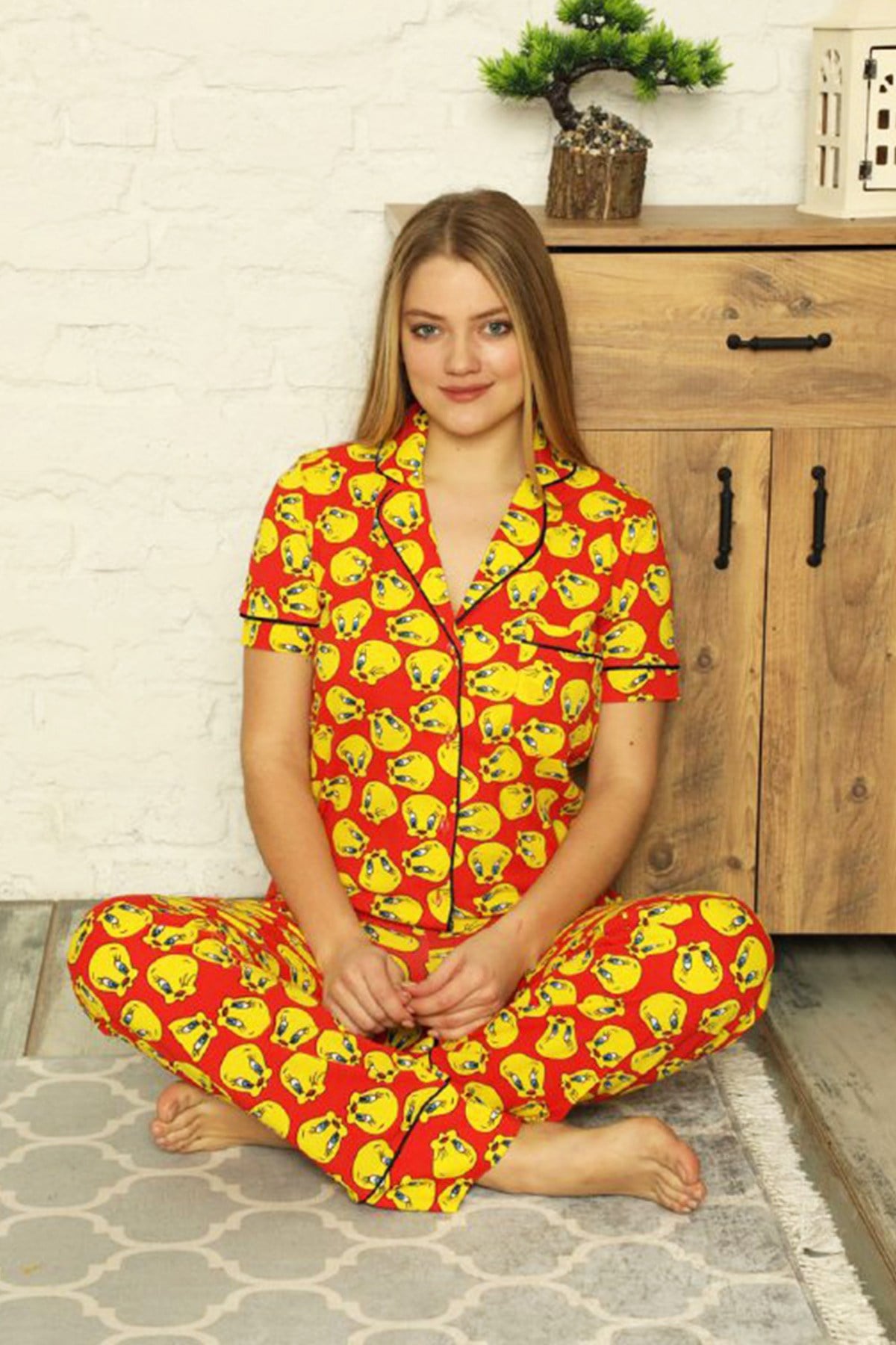 Twiti Desen Önden Düğmeli Lohusa Pijama Takımı