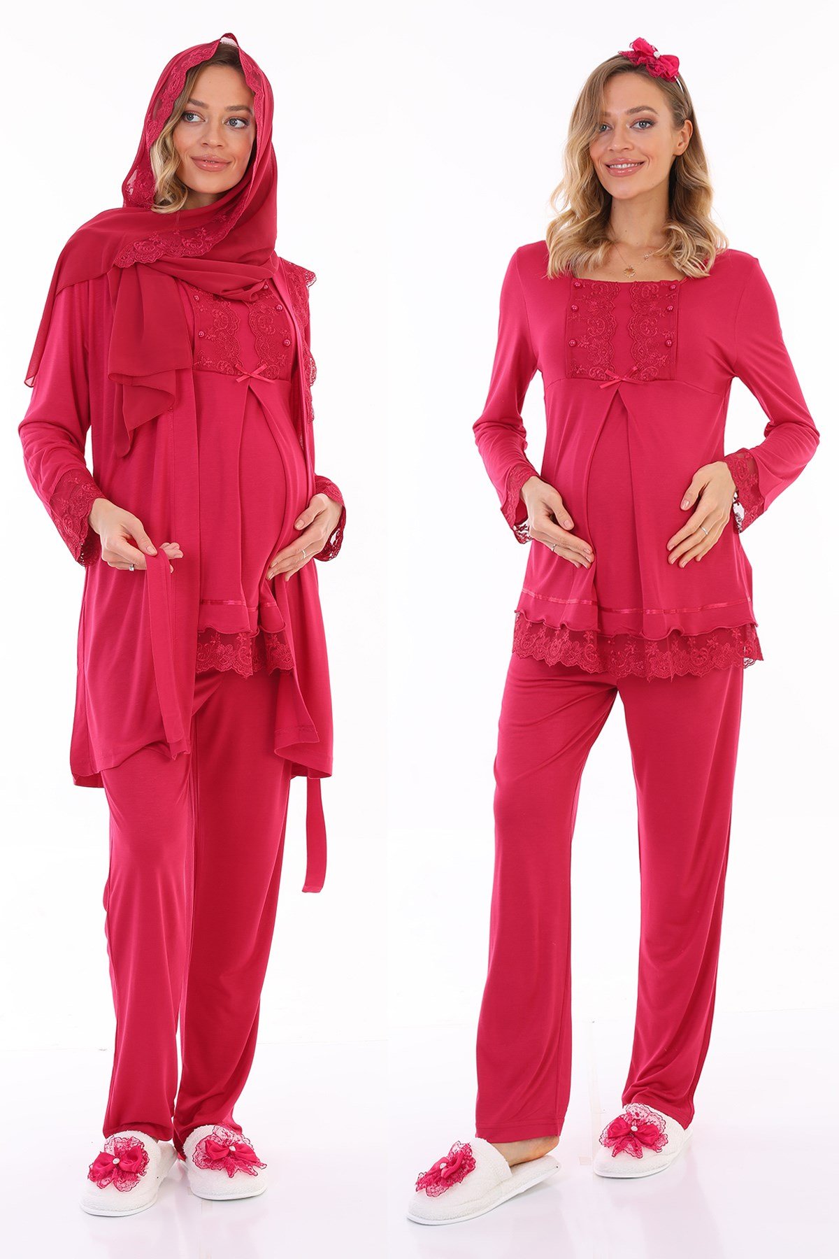 Vişne Tesettür Sabahlıklı Lohusa hamile 6lı Set 30440