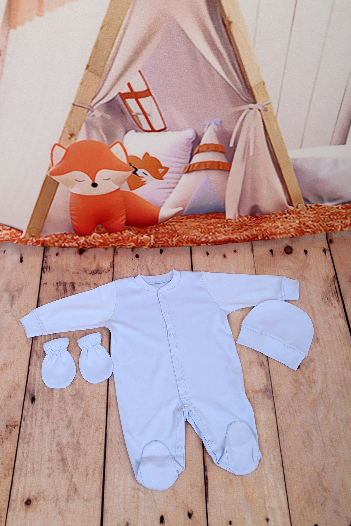 Yeni Doğan Patikli Mavi 3lü Bebek Tulum Seti