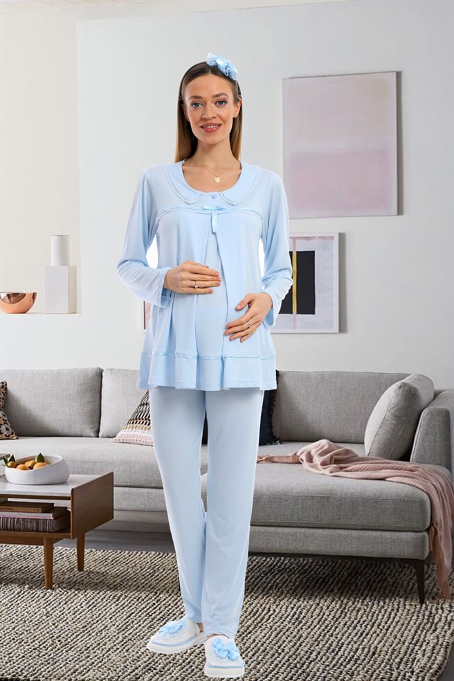 Lohusa Hamile 1082 Mavi Yaka Detaylı Gizli Emzirme Özellikli Lohusa Pijama Takımı