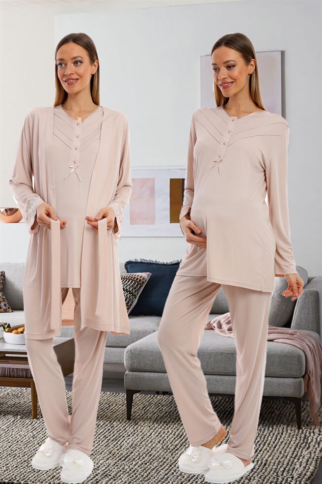 Lohusa Hamile 1074 Hidden Breastfeeding-Enabled Maternity Nursing Pajamas  Set with Robe