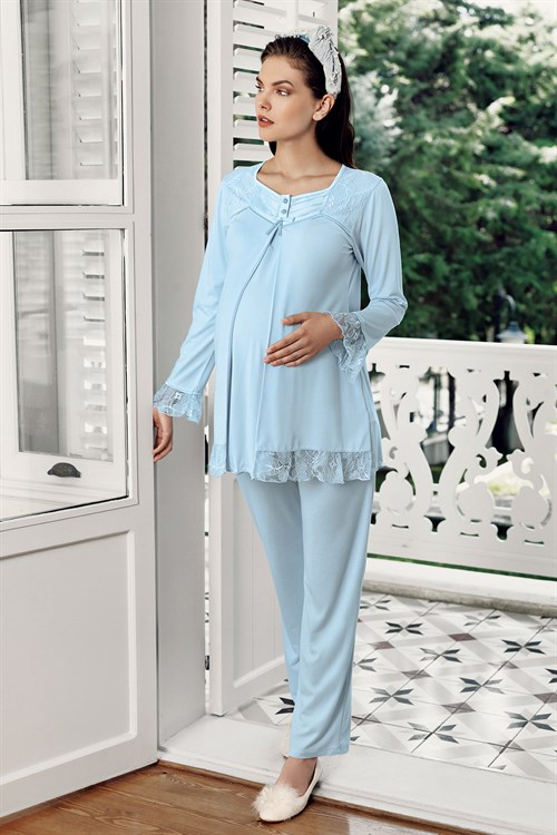 Artis 7207 Baby Blue Lace Detailed Maternity Pajama Sets