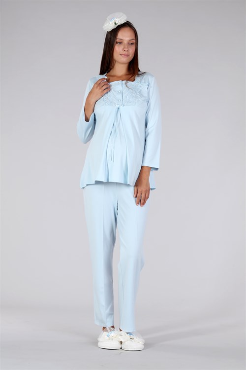Bone 5328 Mavi Dantel Detaylı Lohusa Pijama Takımı