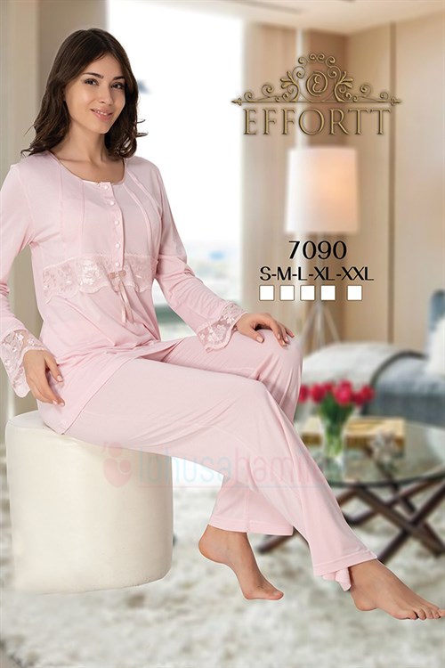 Effortt 7090 Pudra Pembe Tül Lez Dantel Detaylı Sabahlıklı Hamile Pijama Takımı