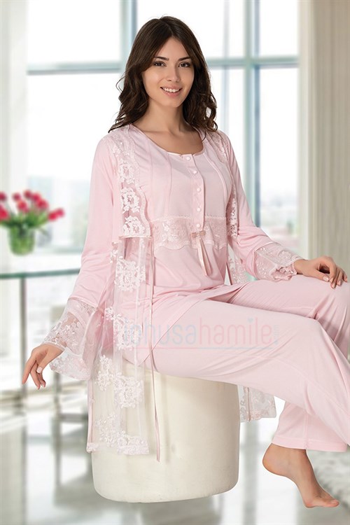 Effortt 7090 Pudra Pembe Tül Lez Dantel Detaylı Sabahlıklı Hamile Pijama Takımı