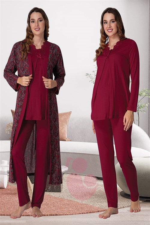 Effortt 9058 Bordo Desen Sabahlıklı Lohusa Pijama Takımı