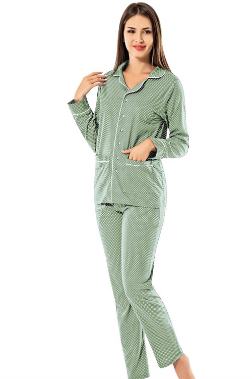Erdem 8607 Yeşil Puanlı Önden Düğmeli Lohusa Pijama Takımı - Lohusa Hamile