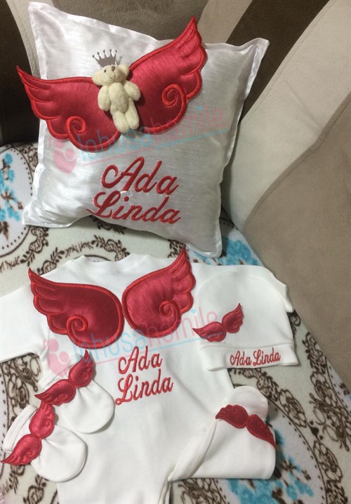 Personalized Red Wing Embroidered 4 Pieces Baby Pillow and Romper Sets-4032