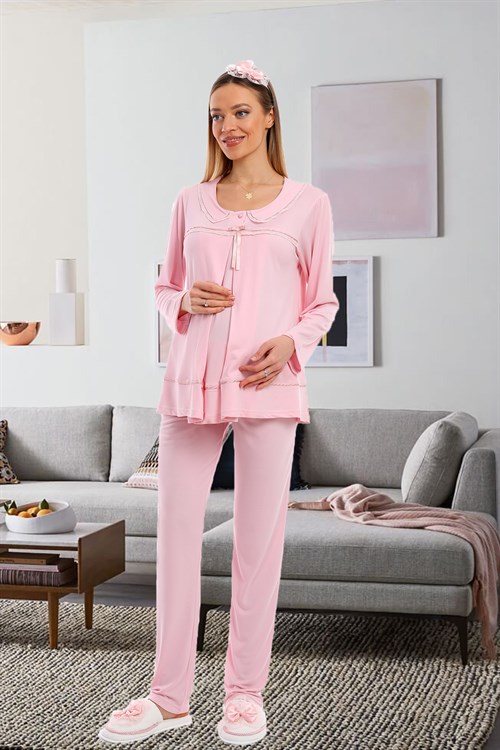 Lohusa Hamile 1082 Yaka Detaylı Gizli Emzirme Özellikli Lohusa Pijama Takımı