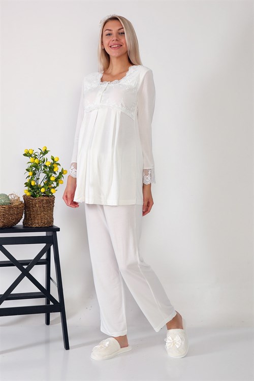 Lohusa Hamile 2601 Ecru Long Maternity Pajama and Robe Set