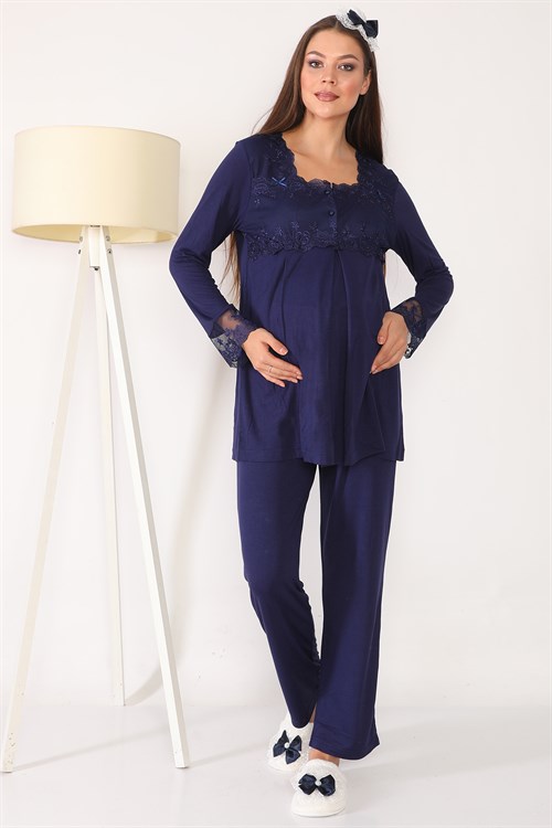 Lohusa Hamile 2603 Navy Blue Maternity Pajama Sets