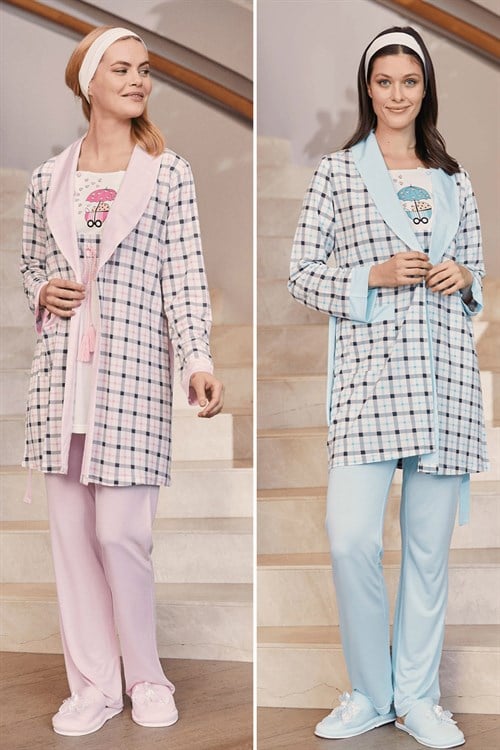 Mecit 5205 Ekose Sabahlıklı Lohusa Pijama Takımı