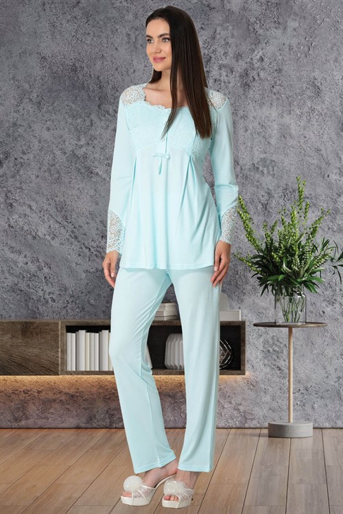 Mecit 5526 Mavi Dantel Detaylı Lohusa Pijama Takımı