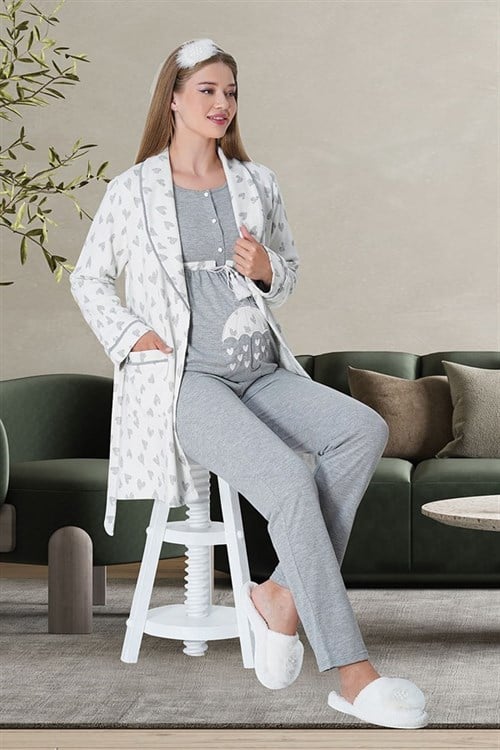 Mecit 5706 Gray Maternity Nursing Pajamas Set with Robe