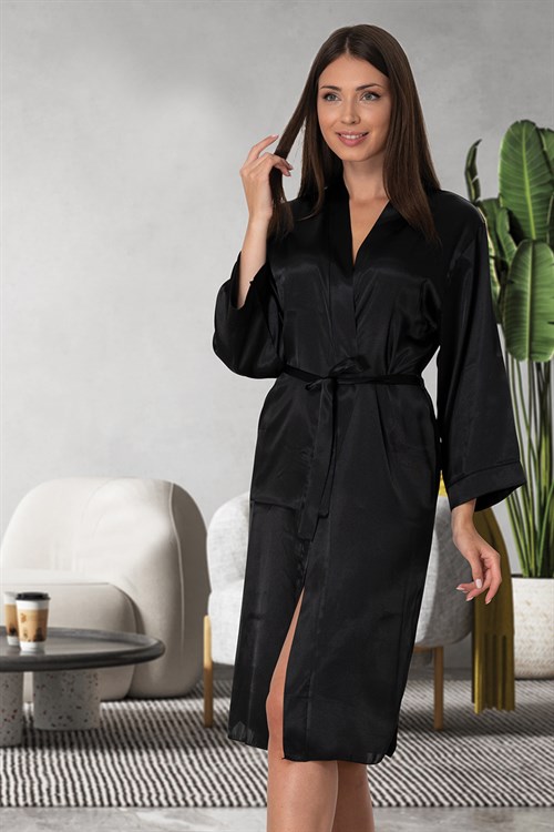 Women's Robe Black Satin Cotton Solid Color | Dressing Gowns