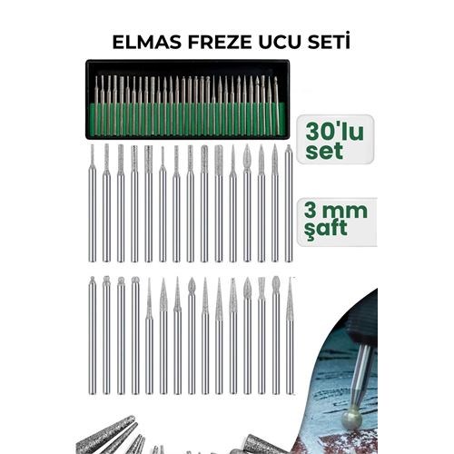 30 Parça Elmas Freze Ucu Seti - 3mm Şaft Profesyonel Gravür, Oyma ve Hassas Taşlama Seti