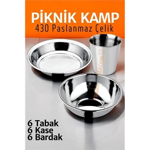 Paslanmaz Çelik Tabak Kase Bardak Seti Kamp Piknik Seti 18 adet 721505