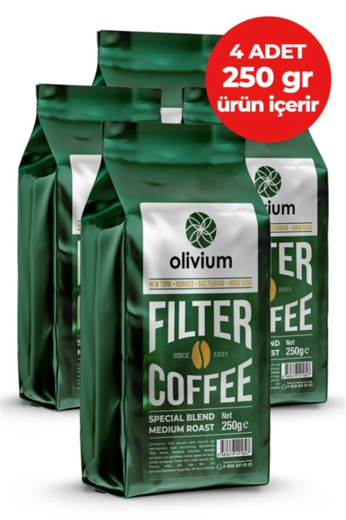 Olivium 4 Paket 250 Gramlık Öğütülmüş Filtre Kahve ( 4 Adet 250 Gramlık Ürün Içerir) olvm-250-4