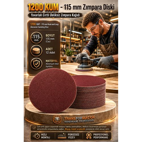 12 ADET 1200 KUM Yuvarlak Cırtlı Zımpara Diski 115 mm Deliksiz Zımpara Kağıdı 723225