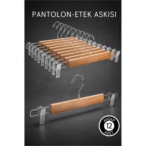 12 Adet Ahşap Pantolon Etek Askısı - Ayarlanabilir Gümüş Mandallı 36cm Organizer Set