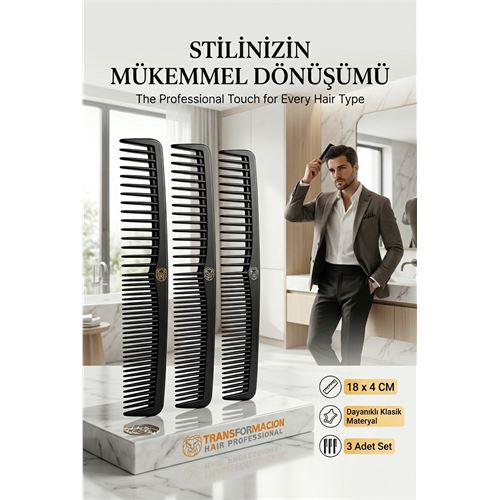 3'lü Profesyonel Stil Tarağı - İkonik Siyah Zarafet 723059