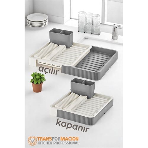 Açılır-Kapanır Bulaşıklık - Bulaşık Durulama Sepeti Tabaklık Bulaşık Kurutmalık GRİ